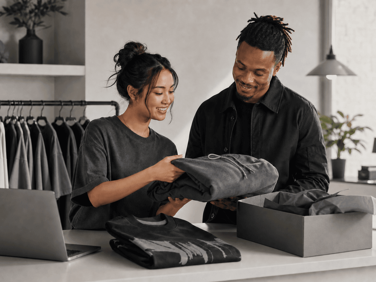 A ShadowLook apparel specialist helping a seller review custom clothing