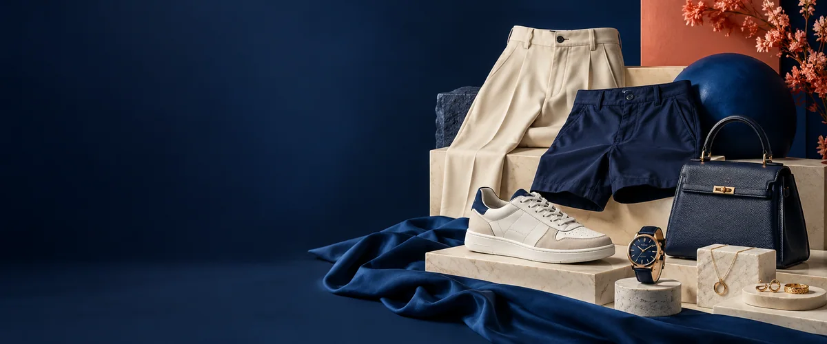 Curated fashion collection with trousers, shorts, footwear, bag, watch, and jewelry